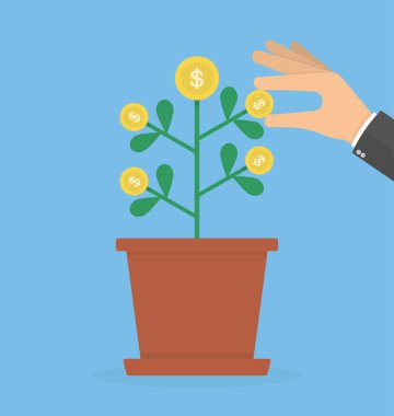 mavi arka plan üzerinde bitkiden dolar sikke alarak işadamı
