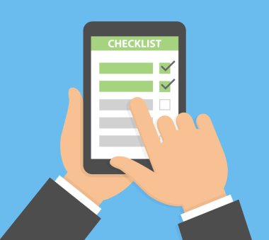 Tabletteki kontrol listesini gösteren parmak. Ekranda kontrol listesi olan el tutma tableti. Düz tasarım