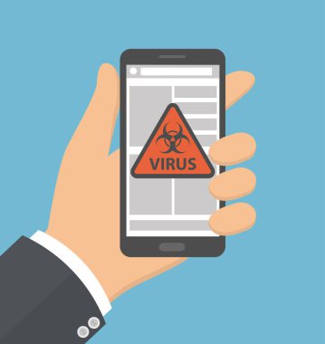 Cep telefonu kavramı virüs. Virüs sembolü ile el tutan cep telefonu. Düz stil