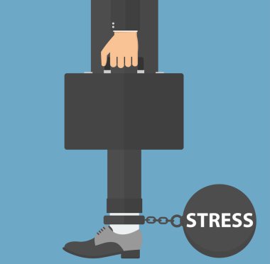 Stres kavramı. Stresin ağırlığı işadamı bacağına zincirlenmiş. Düz stil