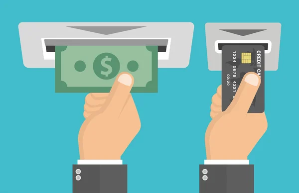 işadamı kredi kartı koyarak ve atm makine dolar banknot para alarak