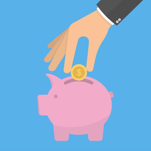 man putting golden coin in piggy bank, Savings concept