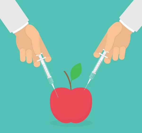 Genetiği Değiştirilmiş Meyve Kavramı Kırmızı Bir Elma Hipodermik Iğneler Yapıştıran — Stok Vektör