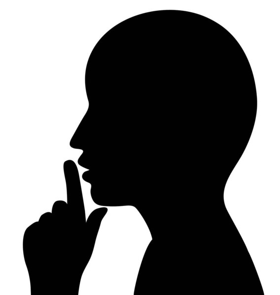 silhouette of person showing silence gesture isolated on white