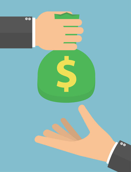 businessman giving bag of money with dollar sign to colleague on blue background