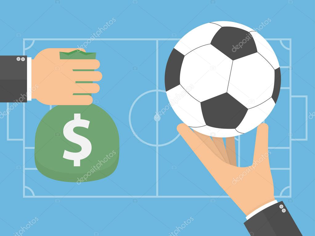 businessman giving money bag for soccer ball, Soccer fraud and bribery concept