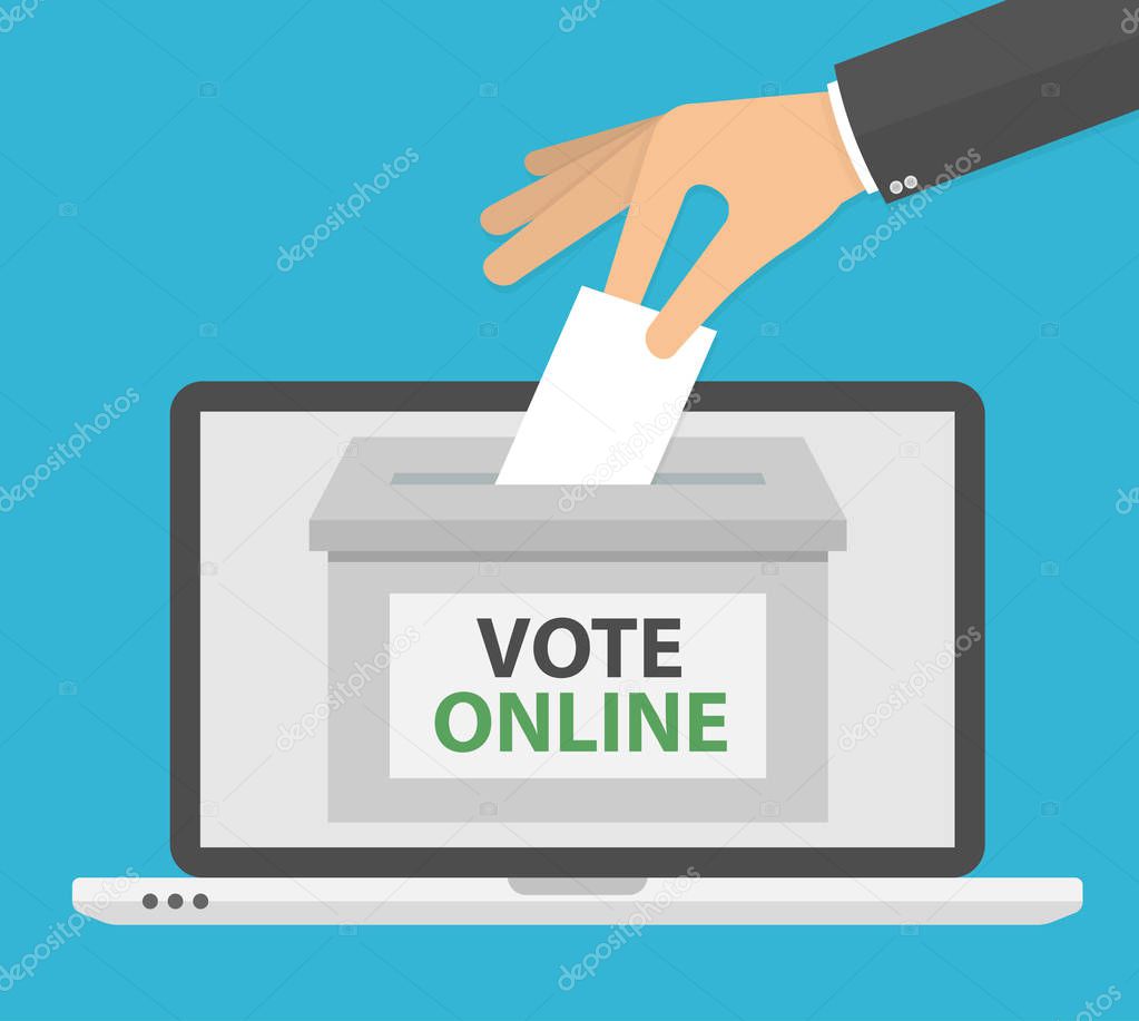 Voting online concept. Hand putting blank piece paper or envelope in a ballot box on a laptop computer screen. Flat design
