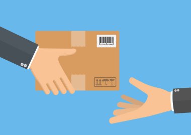 Teslimatçının eli başka bir ele karton paket veriyor. Teslimat konsepti. Düz stil