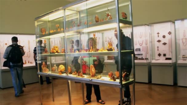 Palanga, Lithuania -July 2018: Tourists examine exhibits at the amber museum in Palanga — Stock Video