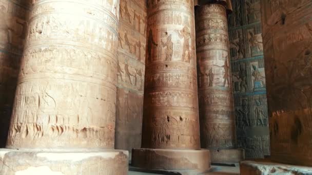 Prachtig interieur van de tempel van Dendera of de tempel van Hathor. Egypte, Dendera, Oude Egyptische tempel nabij de stad Ken — Stockvideo