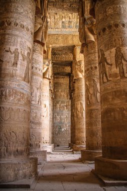 Dendera Tapınağı 'nın ya da Hathor Tapınağı' nın güzel iç kısımları. Mısır, Dendera, Eski Mısır tapınağı Ken şehri yakınlarında..