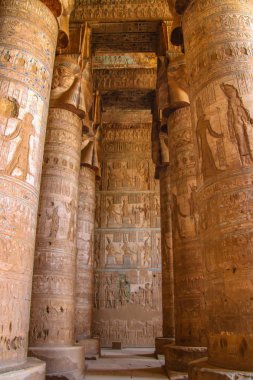 Güzel iç Dendera tapınak veya tapınak Hathor. Antik Mısır tapınağının tavanında renkli zodyak. Mısır, Ken city yakınındaki Dendera