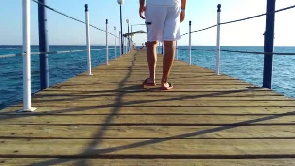 男は冷静に海桟橋に沿って歩く — ストック動画