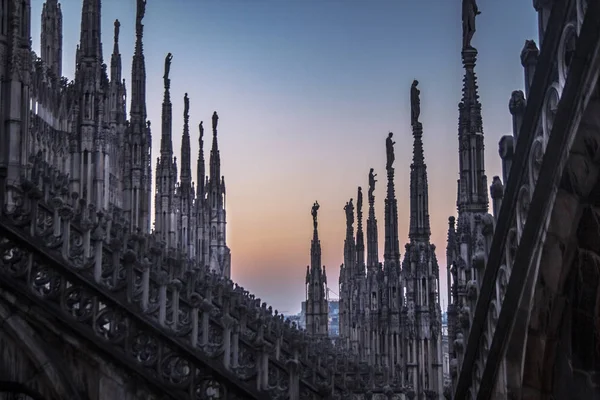 Statyer Och Dekorativa Element Taket Till Duomo Kvällen Milano Utsikt — Stockfoto