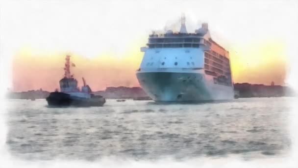 Una Piccola Barca Traina Una Nave Crociera Lungo Canal Grande — Video Stock