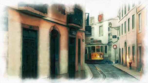 Винтажный городской португальский трамвай едет по узкой улице — стоковое видео