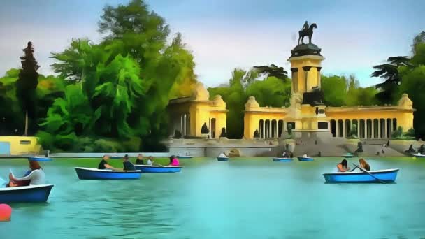 Туристы и граждане отдыхают и купаются в лодках в парке Buen Retiro в Мадриде . — стоковое видео