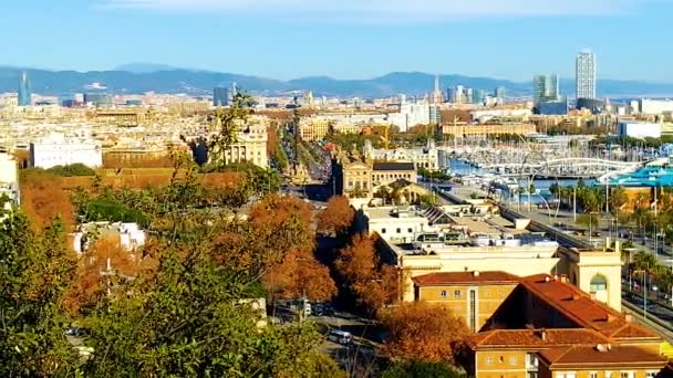 Barevné Panorama Přístavu Barceloně Pohledy Montjuic — Stock video