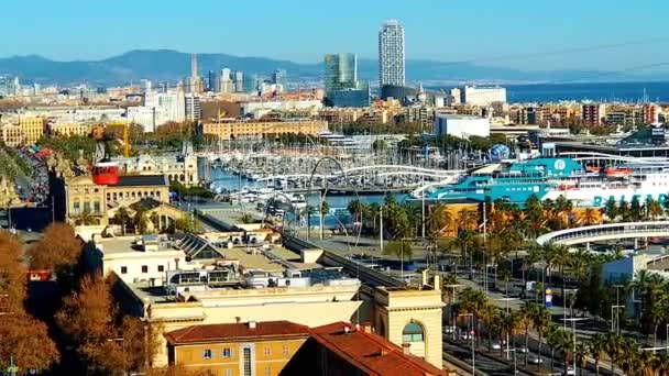 Port Barcelona Red Funicular View Montjuic — Stock Video