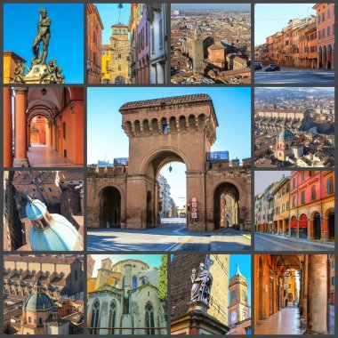Bologna, İtalya'nın mekanlara fotoğrafları kolaj bir.