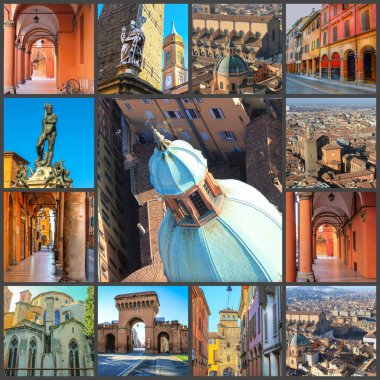 Bologna, İtalya'nın mekanlara fotoğrafları kolaj bir.