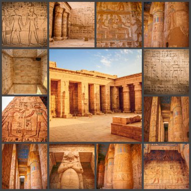 Güzel antik tapınak Medine-Habu fotoğraflardan bir kolaj. Mısır, Luxor