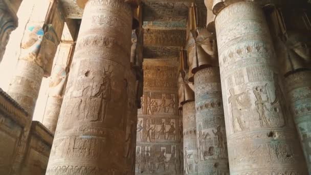 Mooi interieur van de tempel van Dendera of de tempel van Hathor. Egypte, — Stockvideo