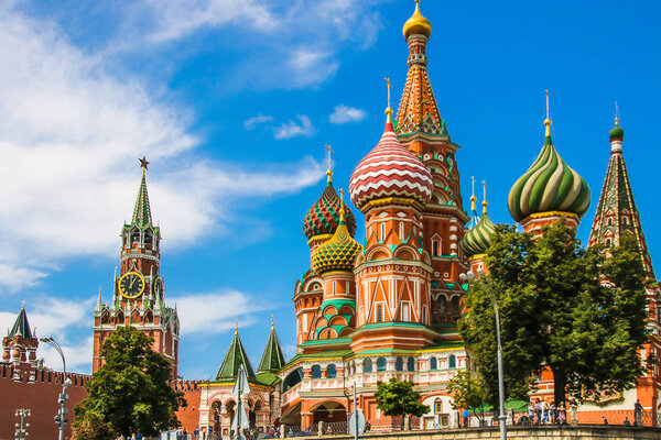 St. Basil's Cathedral in Moscow, an old cathedral near the Moscow Kremlin. Kremlin and Spasskaya tower.