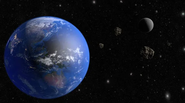 一颗小行星飞向地球。3d 渲染 — 图库照片