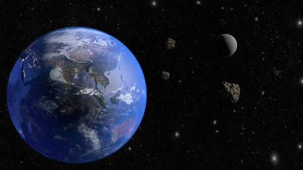Um asteróide voa para a Terra. Renderização 3D — Fotografia de Stock