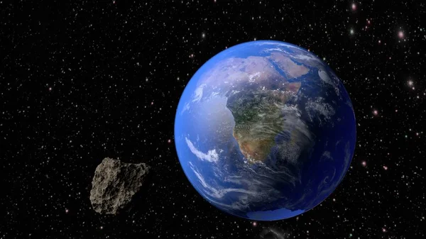 ดาวเคราะห์น้อยบินไปบนโลก การแสดงผล 3 มิติ — ภาพถ่ายสต็อก