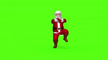 Kırmızı takım elbiseli Mutlu Noel Baba dans ediyor. Yeşil ekranda 3 d görüntüleme