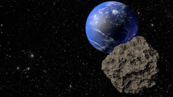 En asteroid flyger till jorden. 3D-rendering — Stockvideo