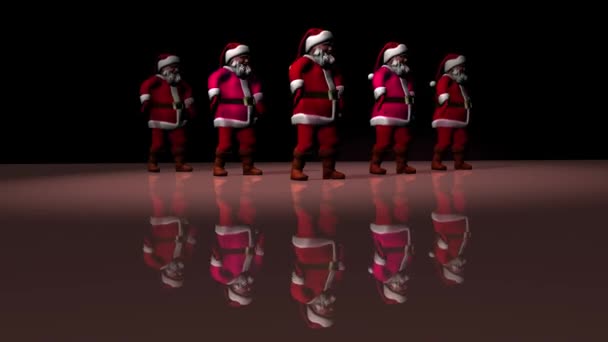 Öt vidám Mikulás piros ruhában táncol. 3D-s renderelés — Stock videók