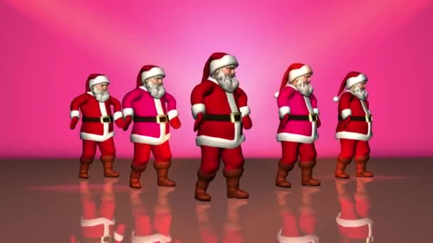 Пять веселых Санта Клаусов в красном костюме танцуют. 3d-рендеринг — стоковое видео