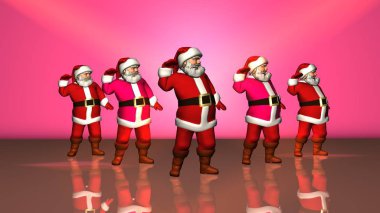 Kırmızı elbiseli beş neşeli Noel Baba dans ediyor. 3d oluşturma