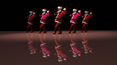 Kırmızı elbiseli beş neşeli Noel Baba dans ediyor. 3d oluşturma