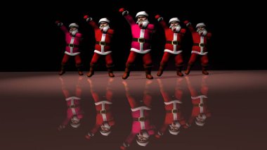 Kırmızı elbiseli beş neşeli Noel Baba dans ediyor. 3d oluşturma