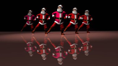 Kırmızı elbiseli beş neşeli Noel Baba dans ediyor. 3d oluşturma