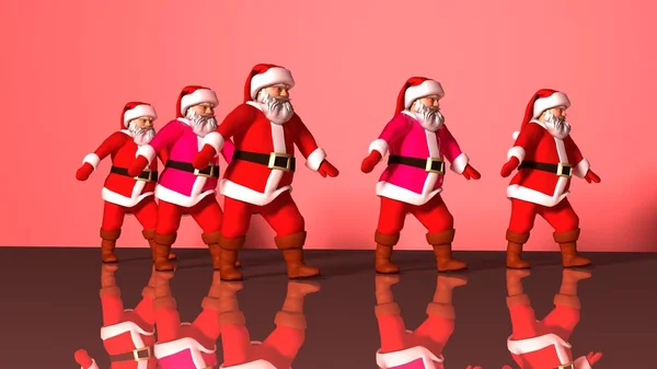 Five cheerful Santa Clauses in a red suit are dancing. 3d rendering