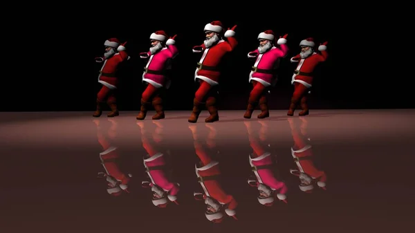 Öt vidám Mikulás piros ruhában táncol. 3D-s renderelés — Stock Fotó