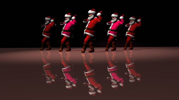 Five cheerful Santa Clauses in a red suit are dancing. 3d rendering