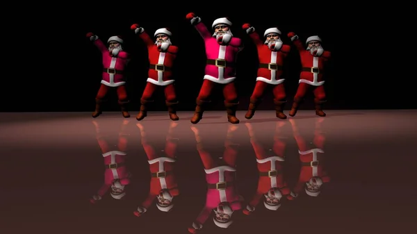 Cinque allegre Babbo Natale in abito rosso stanno ballando. rendering 3d — Foto Stock