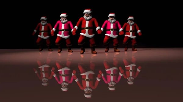 Five cheerful Santa Clauses in a red suit are dancing. 3d rendering — Stock Photo, Image
