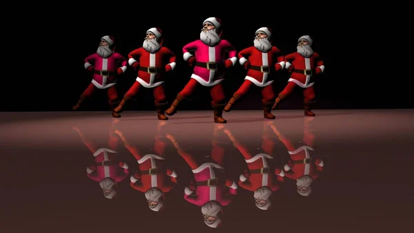 Five cheerful Santa Clauses in a red suit are dancing. 3d rendering — Stock Photo, Image