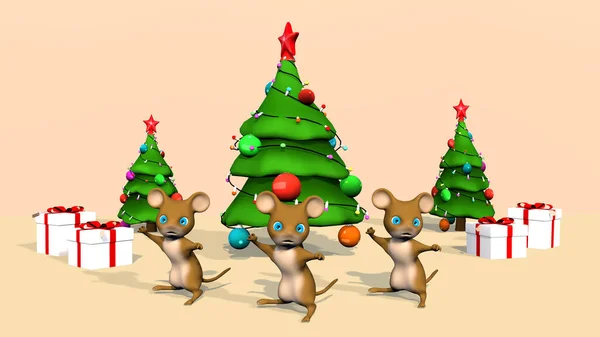 美しいクリスマスツリーとかわいいネズミ。3D レンダリング — ストック写真