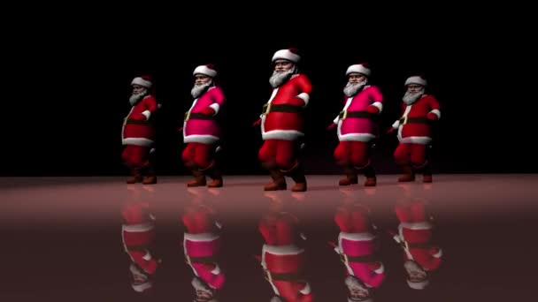 Пять веселых Санта Клаусов в красном костюме танцуют. 3d-рендеринг — стоковое видео