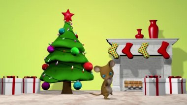 Güzel bir Noel ağacı ve sevimli bir küçük fare. 3d render