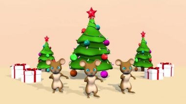 Güzel bir Noel ağacı ve sevimli bir küçük fare. 3d render