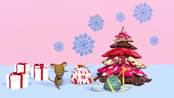 Hermoso árbol de Navidad y un lindo ratoncito. Renderizado 3D — Vídeos de Stock